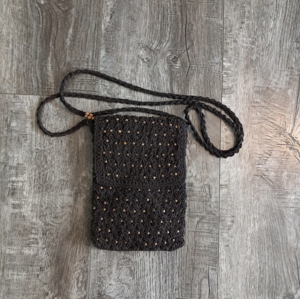 The Limited dark brown crochet crossbody bag with attached coin purse